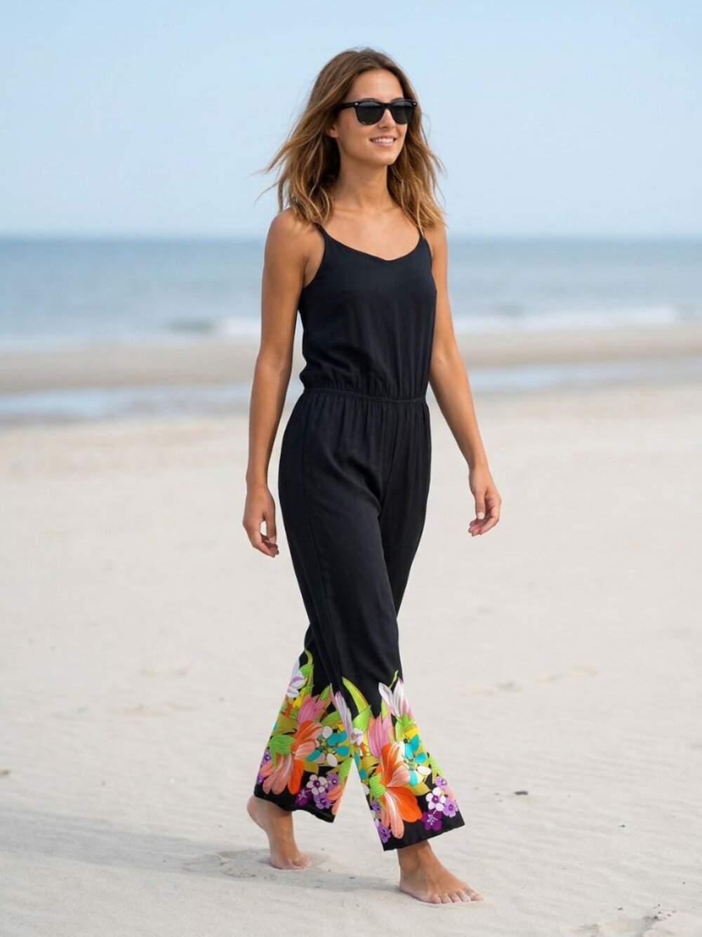 Trina Turk Beach Cover-up Jumpsuit Black with Floral Detail Size S